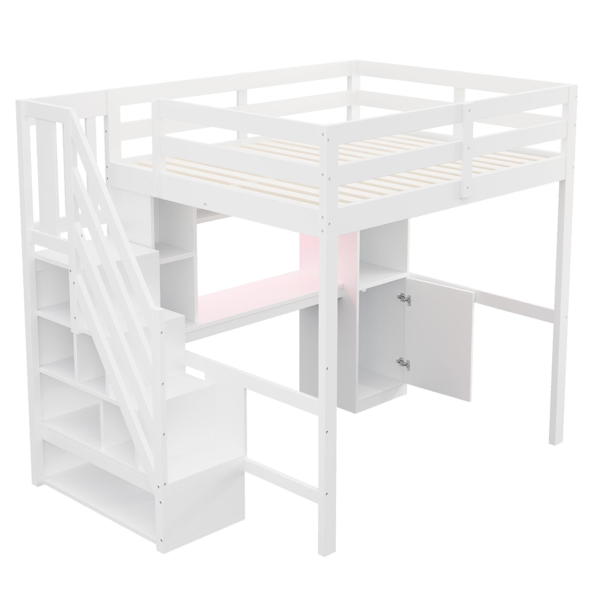 HOCHBETT 140/200 cm DE-32585 mit Treppe, Schreibtisch und LED Weiß - Weiß, Holz (140/200cm) - ComfortXL