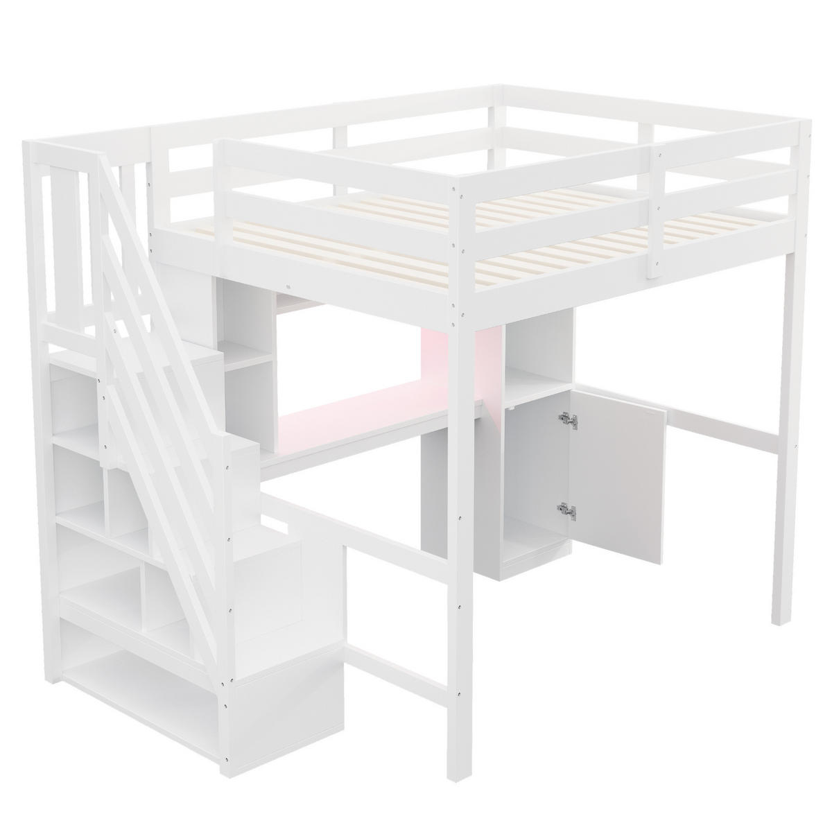 HOCHBETT 140/200 cm in Weiß mit Treppe, Schreibtisch, Regalen, Schränken, LED und Steckdosen aus Holz - Weiß, Holzwerkstoff - STILVORA