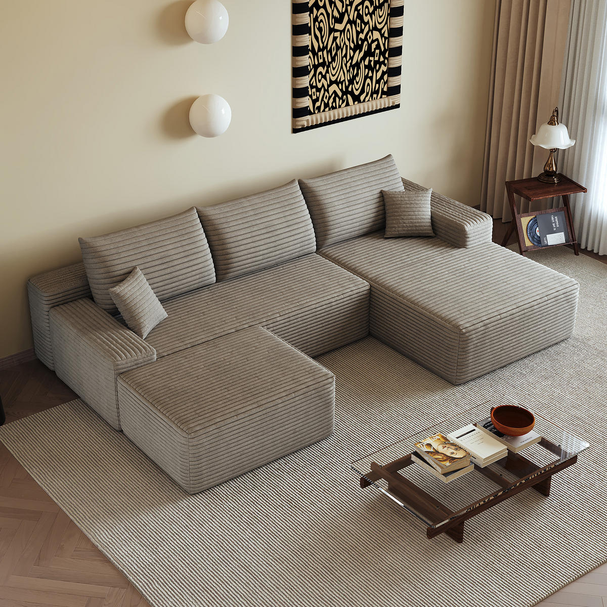 WOHNLANDSCHAFT DE-34857 U-Form 2-Sitzer Chaiselongue rechts Camel - Sandfarben, Textil (175/83/270cm) - ComfortXL