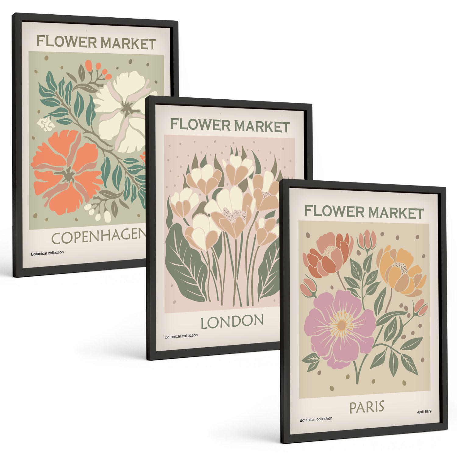 BILDER SET 3er Set - 40x60 cm Schwarzer Rahmen - Blumenposter Kopenhagen London Paris - Schwarz, Kunststoff (40/60cm) - TULUP