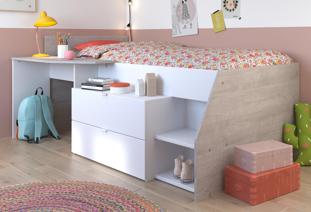 HOCHBETT Jugendzimmer Bett 90 x 200 cm 2x Schubkasten, Stauraum - Weiß/Grau, Holz/Holzwerkstoff (90/200cm) - Parisot Meuble