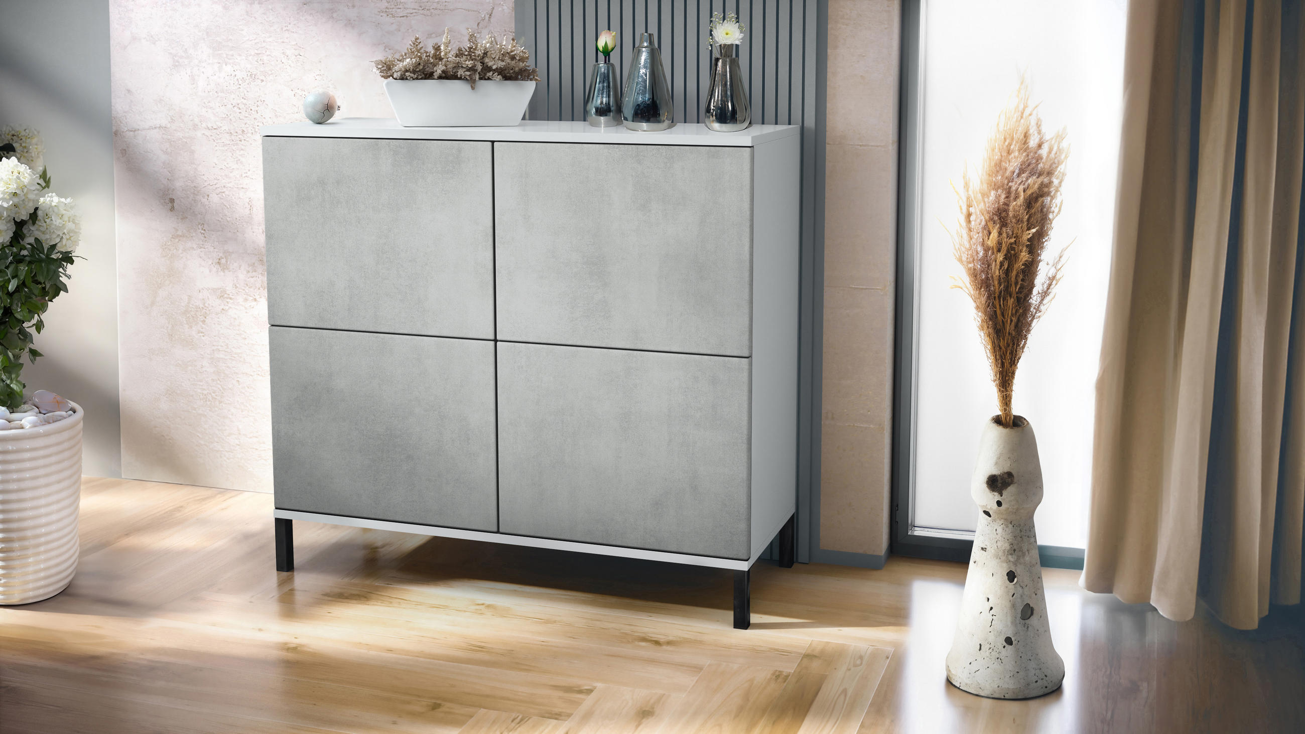 KOMMODE Rova Beton Oxid Optik - Hellgrau, Holzwerkstoff (92.5/83.5/35cm) - Vladon