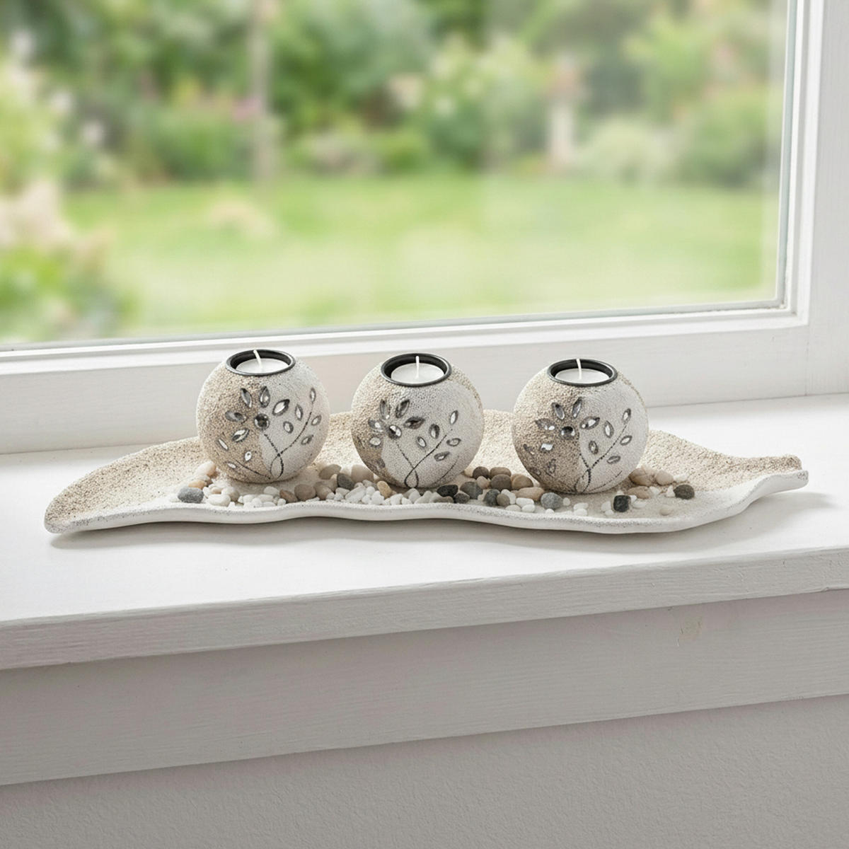 TEELICHTHALTER Weiß 3er-Set mit Dekoschale - Creme, Naturmaterialen/Holzwerkstoff (2.5cm) - Relaxdays