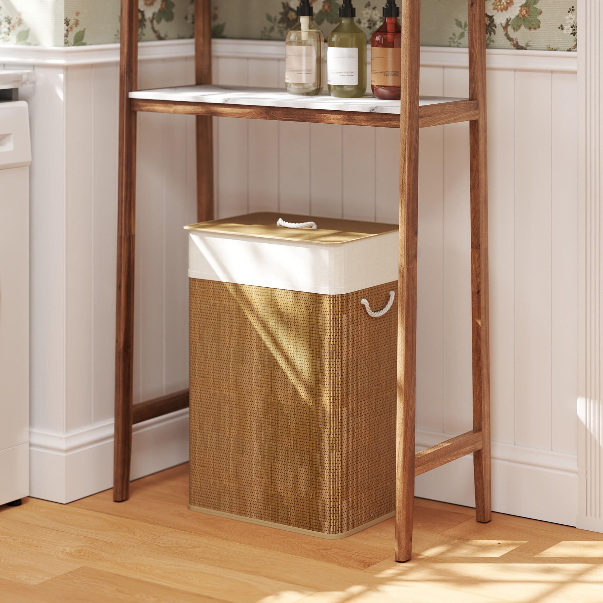 BAMBUS Wäschekorb mit Deckel 72 L Wäschesammler mit Seilgriffen Braun - Braun, Naturmaterialien (30/60/40cm) - HOMCOM