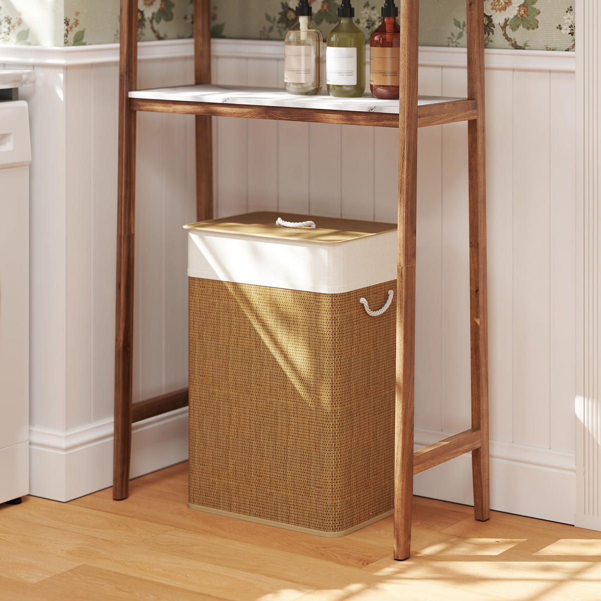BAMBUS Wäschekorb mit Deckel 72 L Wäschesammler mit Seilgriffen Braun - Braun, Naturmaterialien (30/60/40cm) - HOMCOM