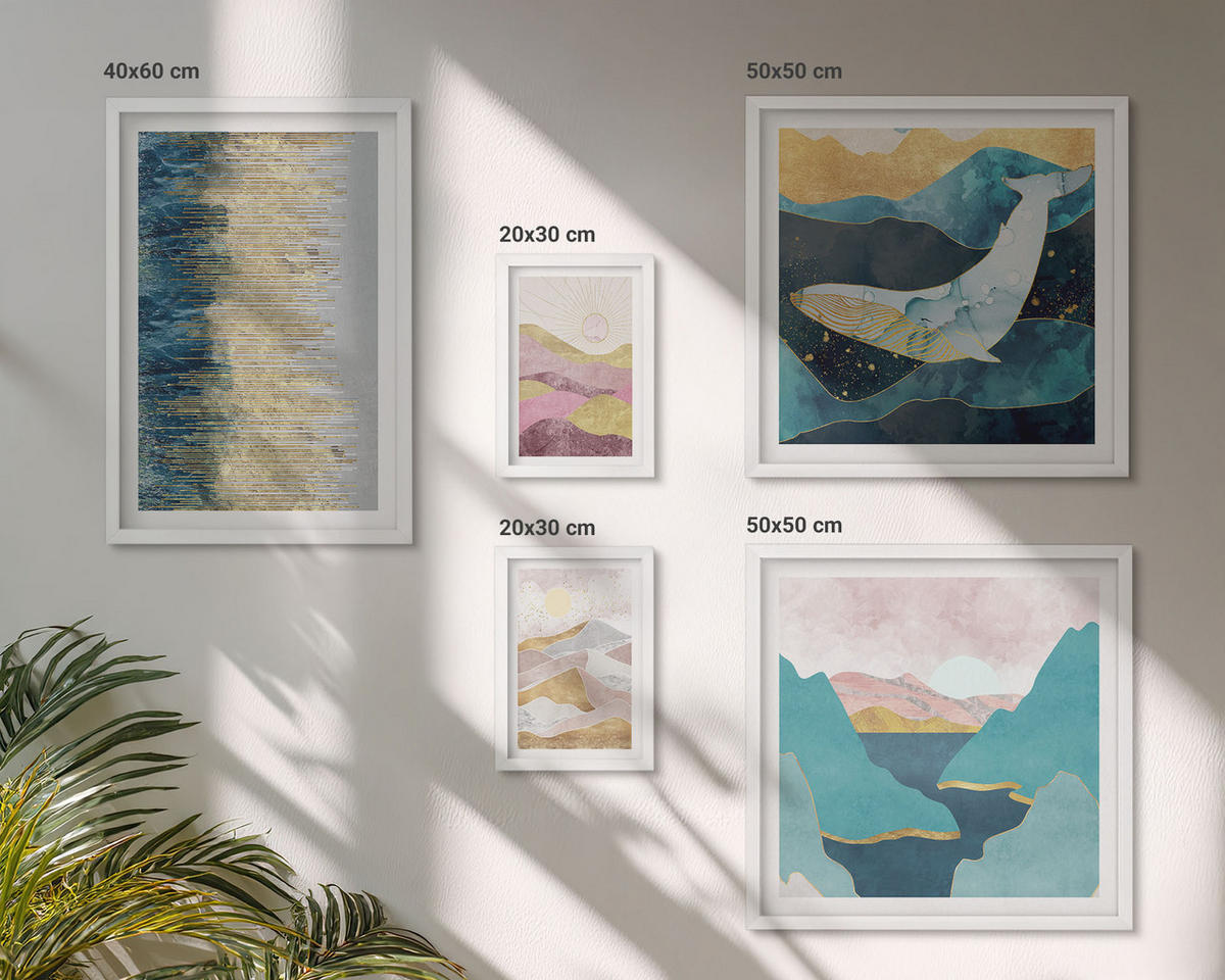 WANDBILDER 5er-Set - 50x50 cm & 20x30 cm & 40x60 cm Weißer Rahmen - Abstrakte Berge Sonne - Weiß, Kunststoff (40/60cm) - ArtPrintCave