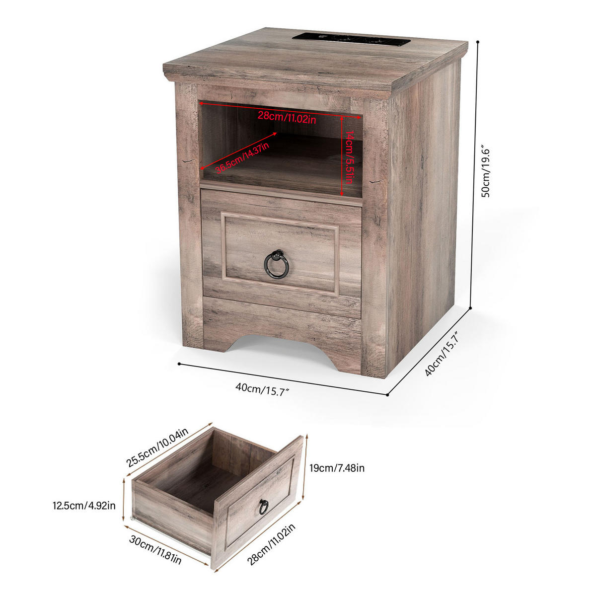 LED-NACHTTISCH 2er-Set im Landhausstil – mit Ladefunktion, dimmbarer LED-Beleuchtung, 1 Schublade, USB & Type-C - Wildeiche, Holzwerkstoff (40/50/40cm) - Ej. Life