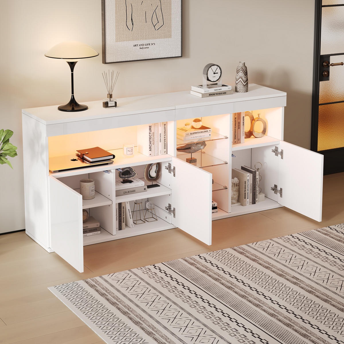 SIDEBOARD LED Hochglanz 3 Türen Glasfächer Weiß 155,5cm modern - Weiß, Holzwerkstoff (35/72/155.5cm) - FLIEKS