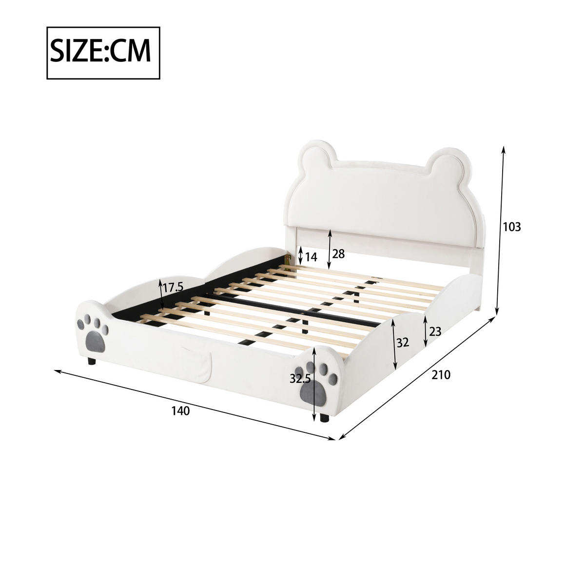 POLSTERBETT 140/200 cm Weiß Bärenform aus Velours - Weiß, Textil (140/200cm) - OKWISH