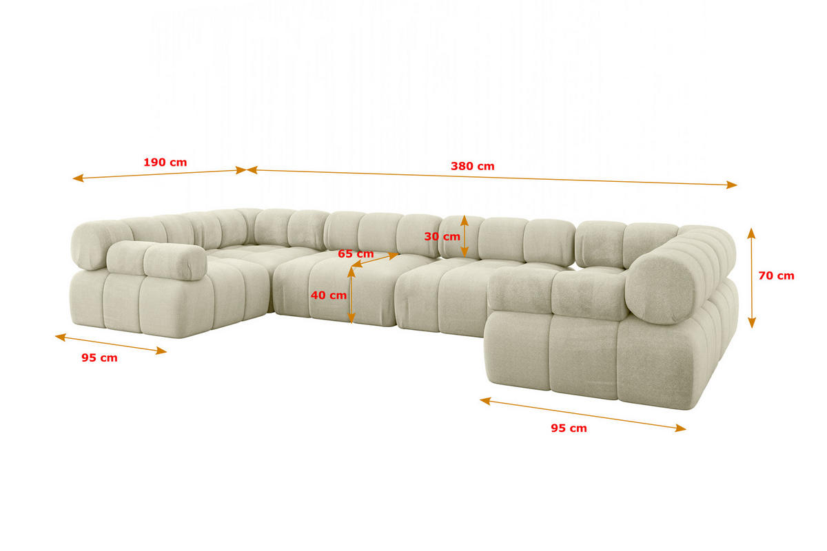 WOHNLANDSCHAFT modulares Sofa Birno-U2 - 380x190x70 cm Beige Velours - Beige, Holzwerkstoff/Textil (380/70/190cm) - ALTDECOR