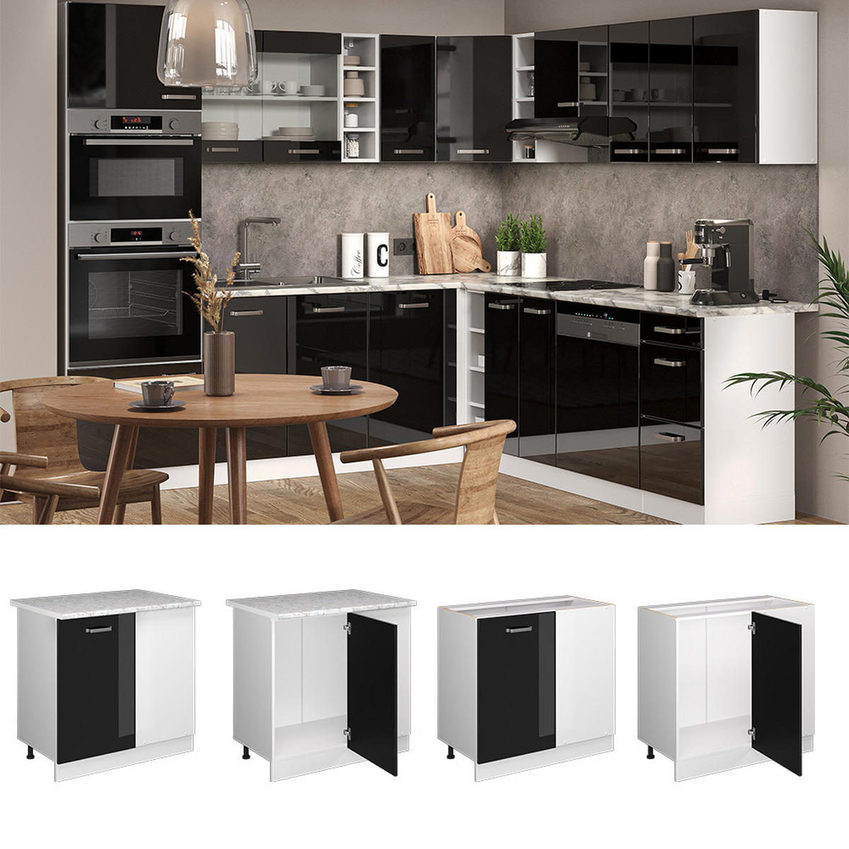 ECKUNTERSCHRANK R-Line Schwarz Hochglanz 86 cm, AP Eiche - Schwarz Hochglanz/Schwarz, Holzwerkstoff (86/81.6/60cm) - Vicco