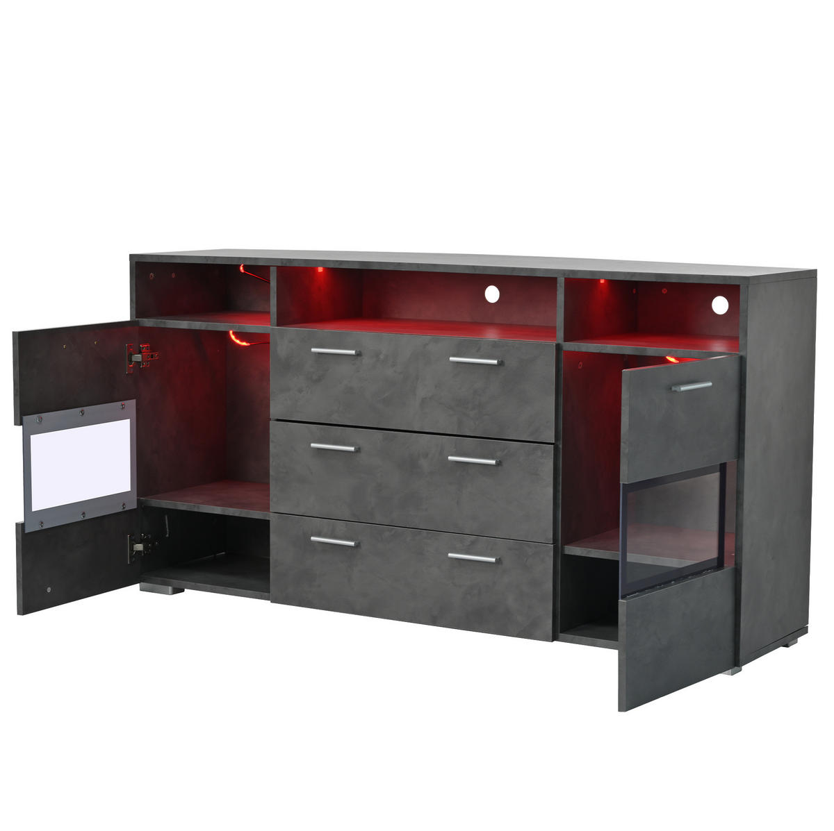 SIDEBOARD 140/33,5/72,5 cm mit LED, 2 Türen, 3 Schubladen & offenen Fächern - Grau, Holzwerkstoff (140/72.5/33.5cm) - BEAOK