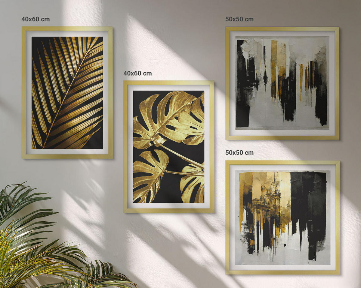 WANDBILDER 4er Set - 50x50 cm & 40x60 cm Goldrahmen - Abstrakte Monstera-Palmenblätter - Goldfarben, Kunststoff (50/50cm) - ArtPrintCave