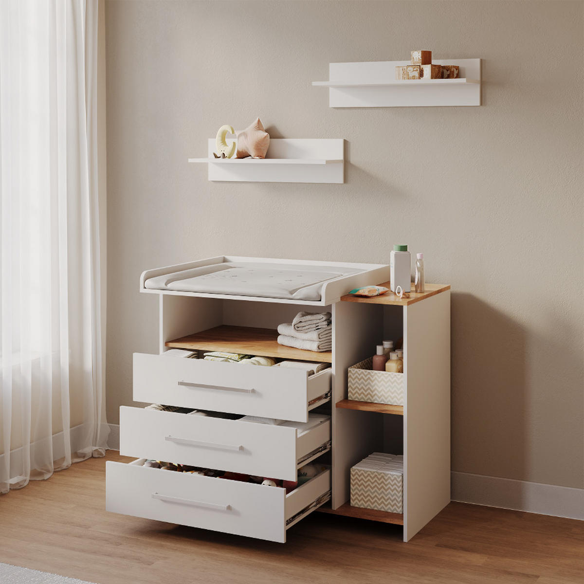 WICKELKOMMODE Torino Weiß/Goldkraft Eiche mit 3 Schubladen - Honigeiche/Weiß, Holzwerkstoff (113/93/53.1cm) - Livinity®