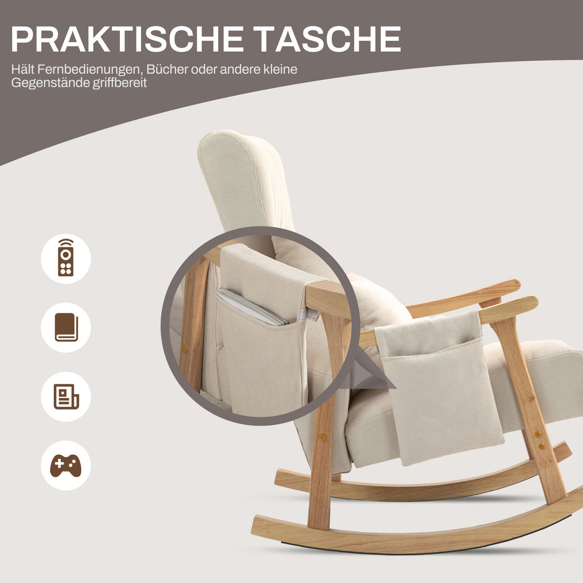 SCHAUKELSTUHL Schaukelsessel mit Lendenkissen, Seitentasche für Wohnzimmer Beige - Beige/Naturfarben, Holz/Buchenholz (65/98/90cm) - HOMCOM