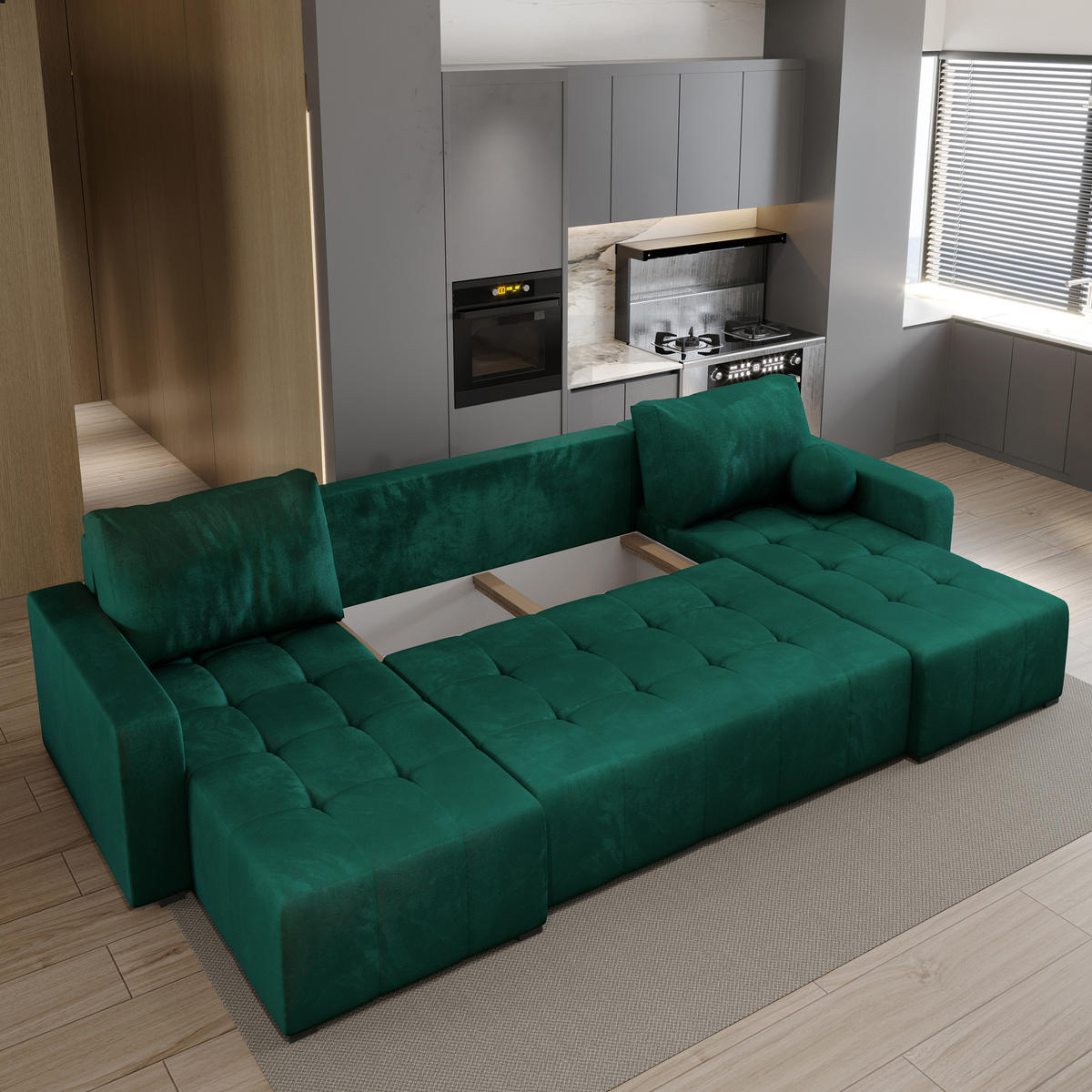 WOHNLANDSCHAFT TOLARI Grün Plüsch-Stoff mit Schlaffunktion - Grün, Holz (295/85/140cm) - MASSENO