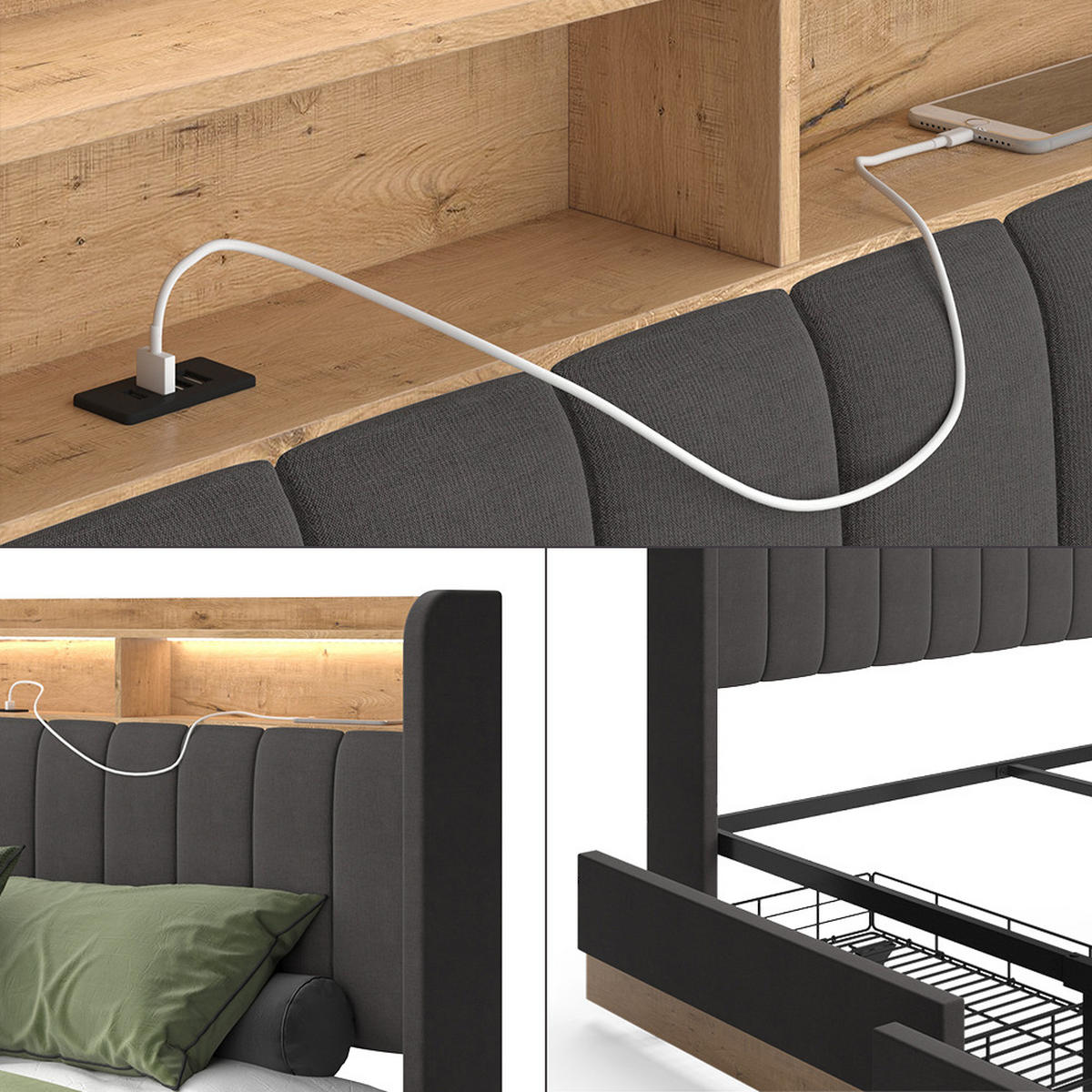 ČALOUNĚNÁ POSTEL Nura Antracit - antracitová/barva dubu, kompozitní dřevo - VitaliSpa