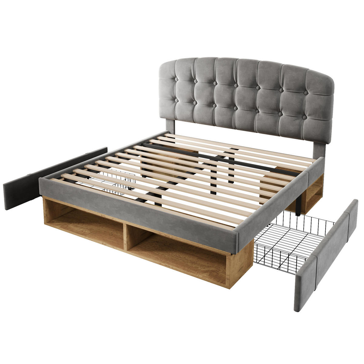 POLSTERBETT 140/200 cm Grau aus Samt mit Stauraum - Grau, Textil (140/200cm) - OKMYHOME