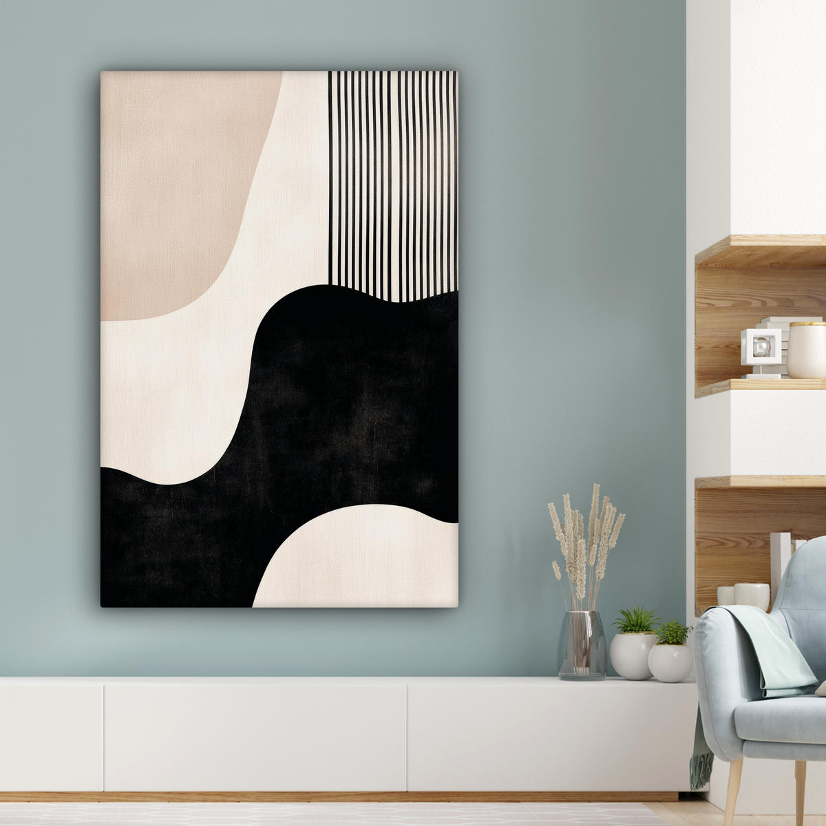 LEINWANDBILD Abstrakt - Japandi - Beige - Modern 80x120 cm - Schwarz, Textil (80/120cm) - MuchoWow