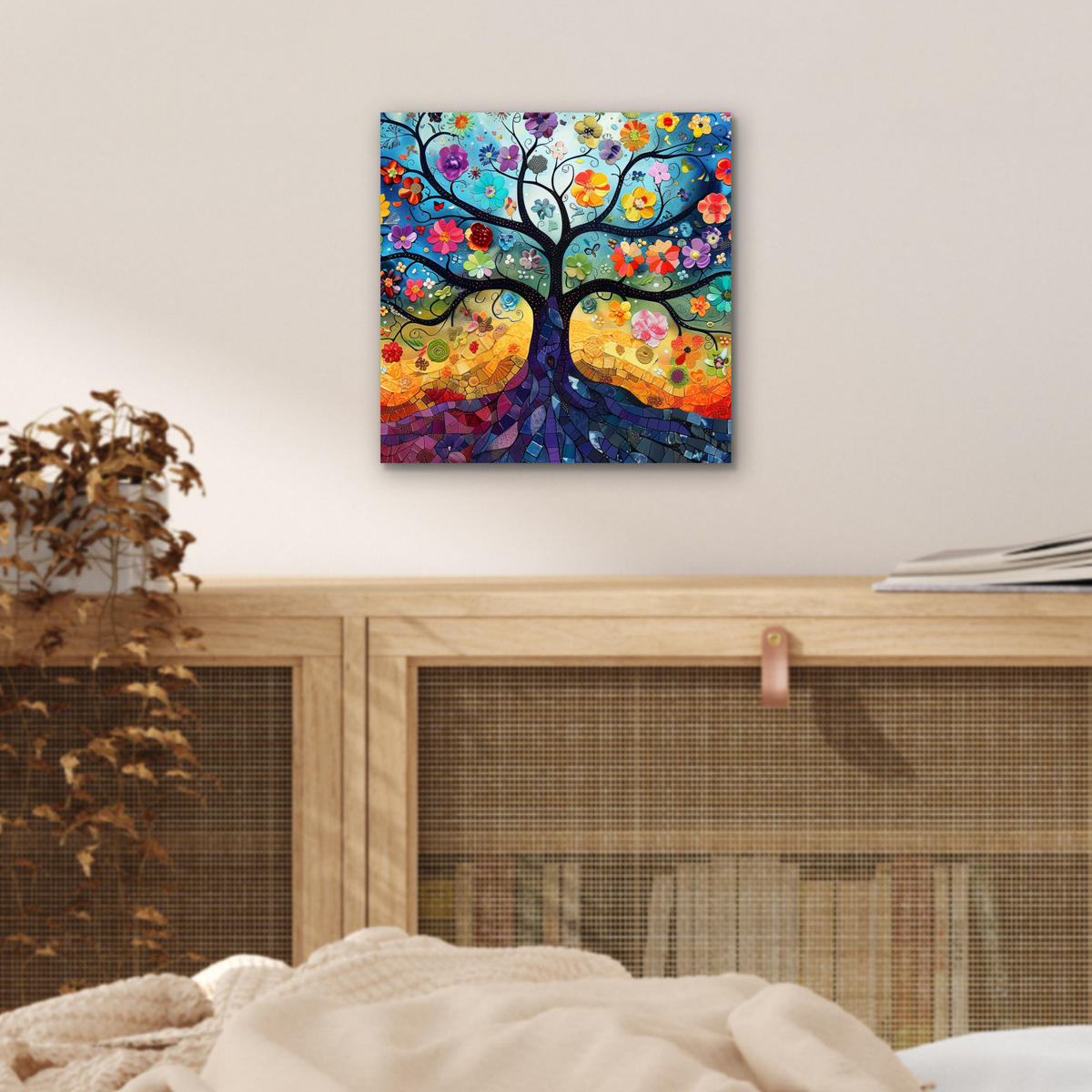 KOVOVÝ OBRAZ Umenie - Strom života - Kvety - Hippie 20x20 cm - tmavomodrá, kov (20/20cm) - MuchoWow