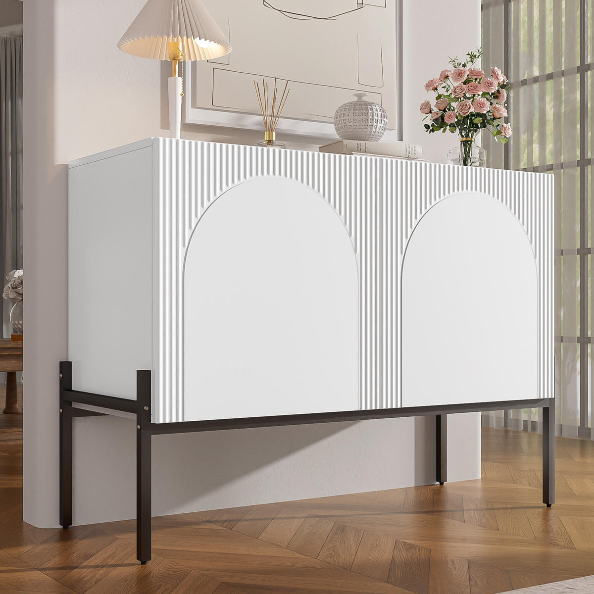 SIDEBOARD Weiß 2 Türen Metallbeine Bogen Design 100cm Modern - Weiß, Holzwerkstoff (100/75/40cm) - FLIEKS