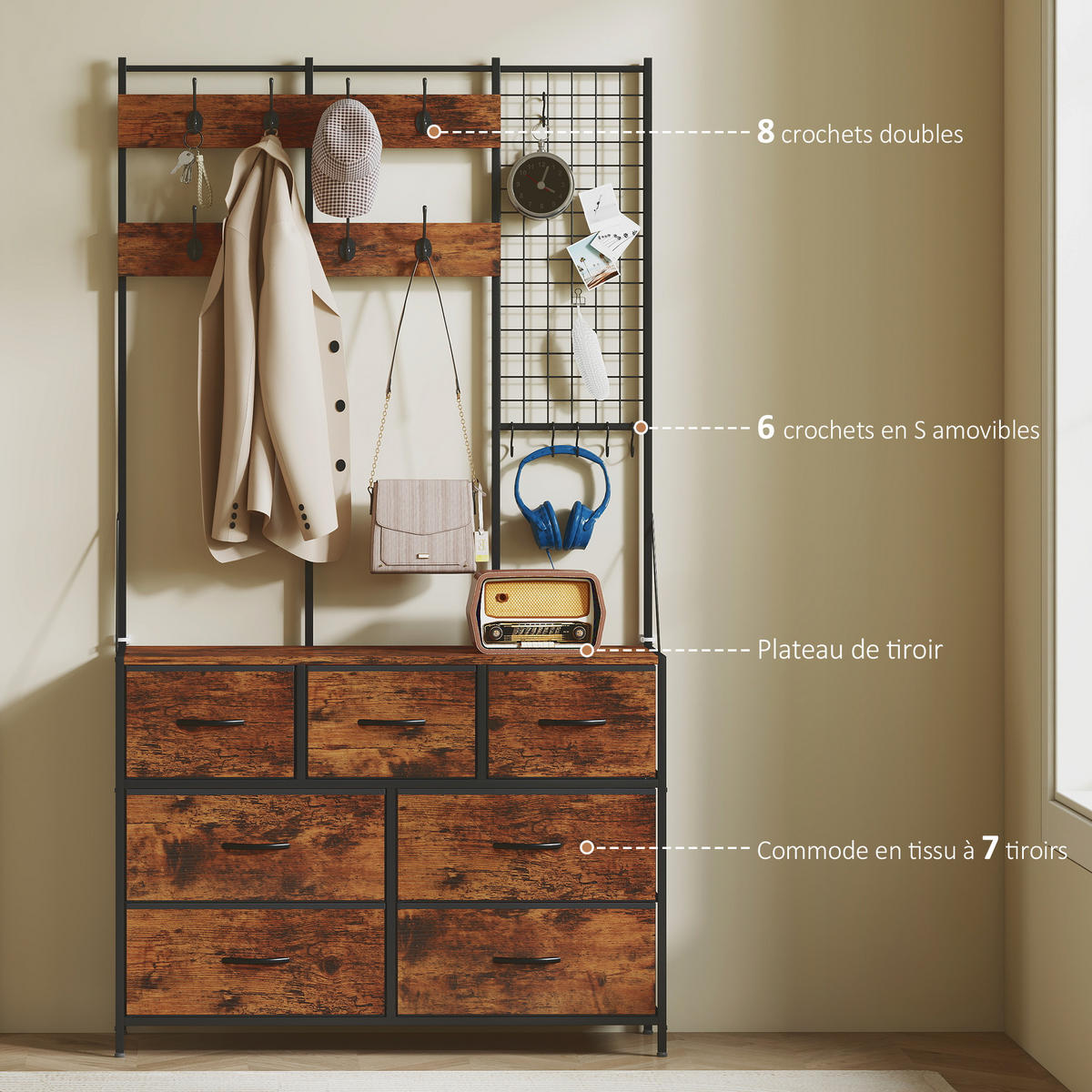 GARDEROBE DE-17882 14 Haken & 7 Stoffschubladen Rostbraun - Braun, Holzwerkstoff (30/183/100cm) - ComfortXL