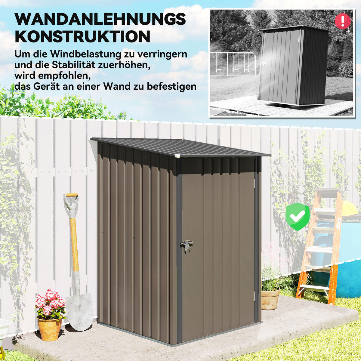 GERÄTEHAUS aus Stahl, 0,92 m² Geräteschuppen mit Pultdach für Balkon Braun - Braun, Metall (103/160/100cm) - Outsunny