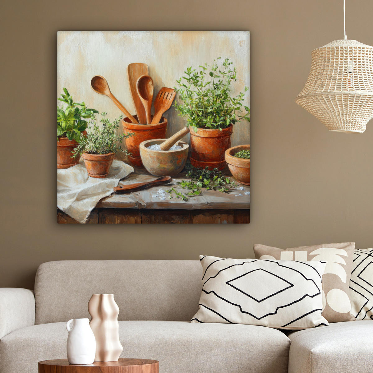 LEINWANDBILD Töpfe - Kräuter - Holz 90x90 cm - Terracotta, Textil (90/90cm) - MuchoWow