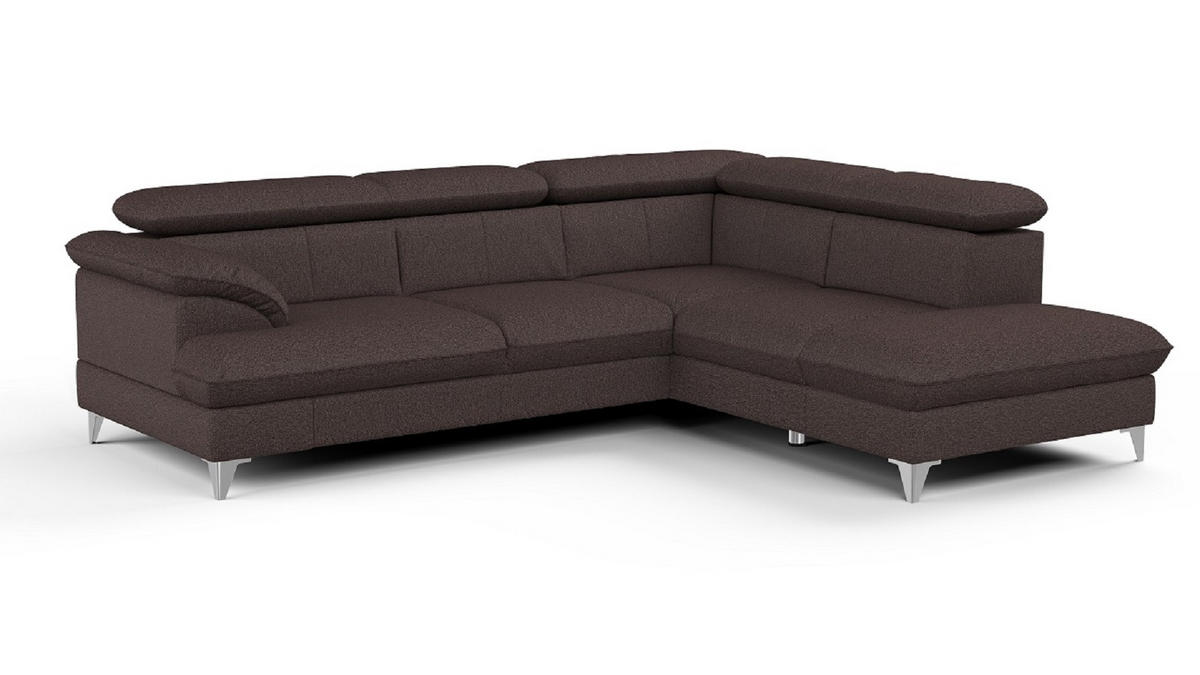 ECKSOFA mit Schlaffunktion und Bettkasten, verstellbare Kopfstützen - Chromfarben/Dunkelbraun, Textil/Metall (208/256cm) - Cotta