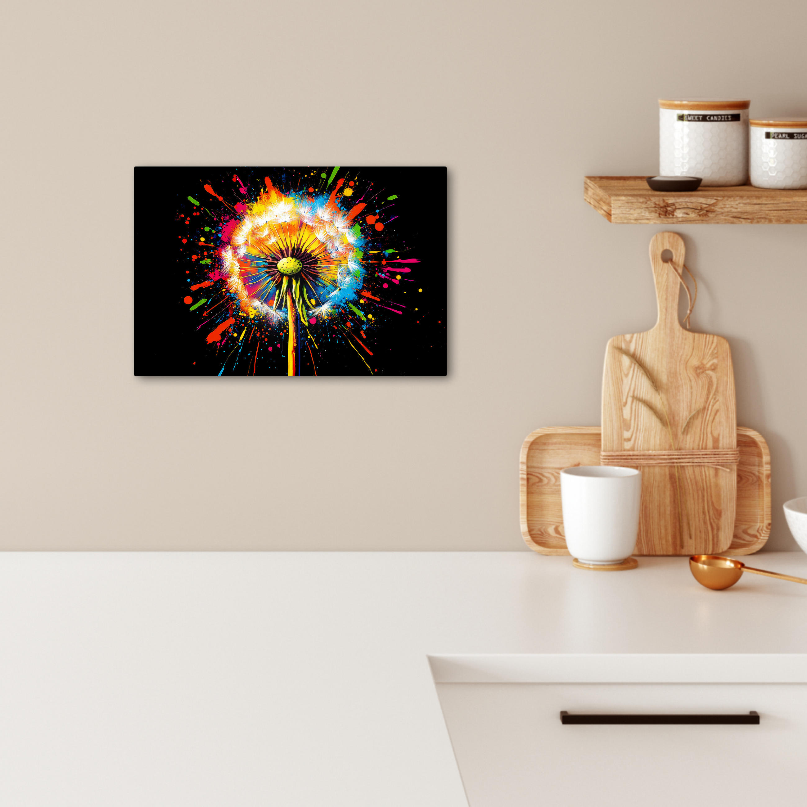 LEINWANDBILD Löwenzahn - Graffiti - Farbenfroh - Blumen - Natur 30x20 cm - Multicolor, Textil (30/20cm) - MuchoWow