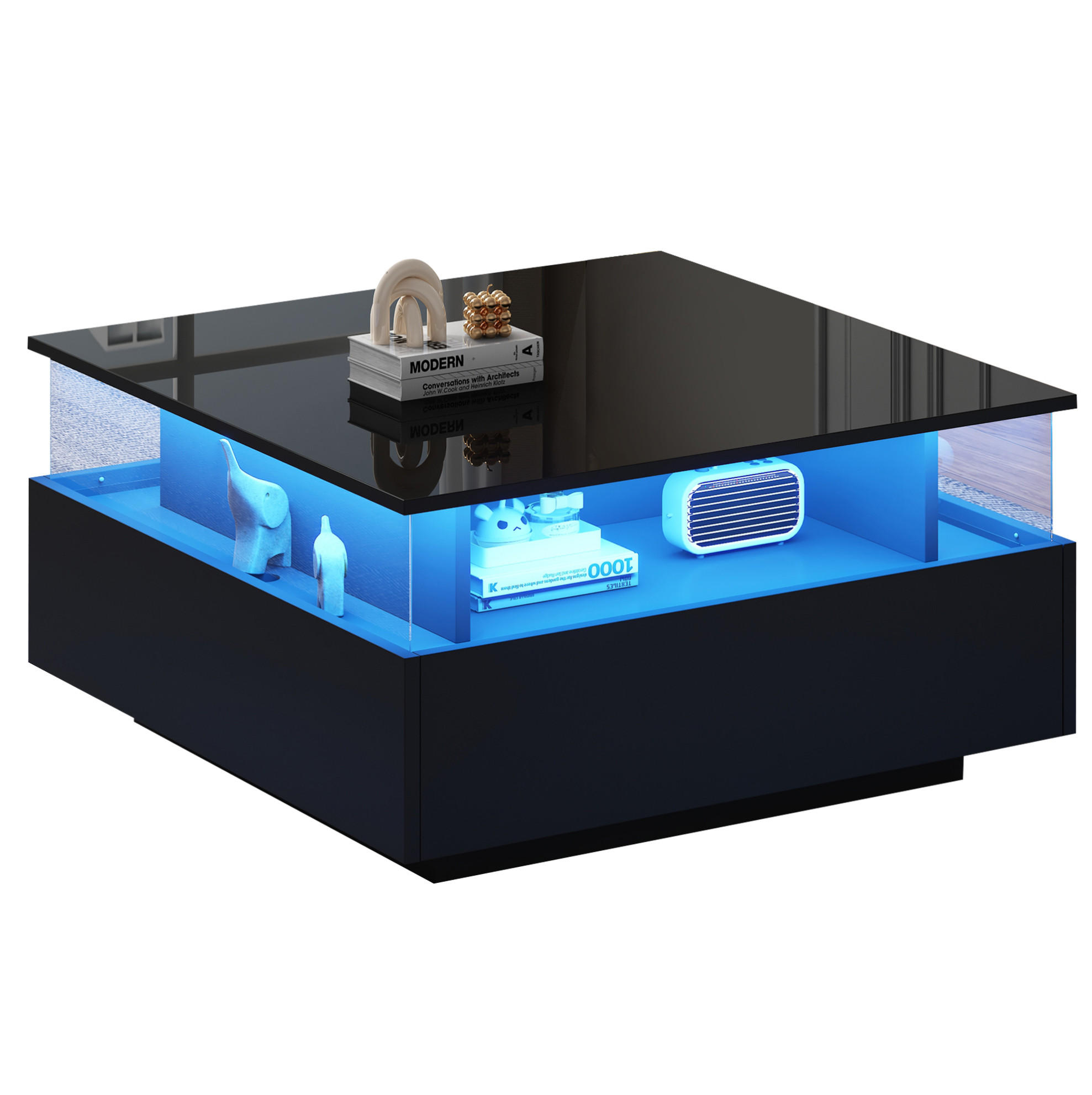 COUCHTISCH, Hochglanz Schwarz mit LED, 2 Schubladen und transparentem Präsentationsbereich, 70/70/41 cm,Schwarz - Schwarz, Holzwerkstoff (70/70/41cm) - Redom