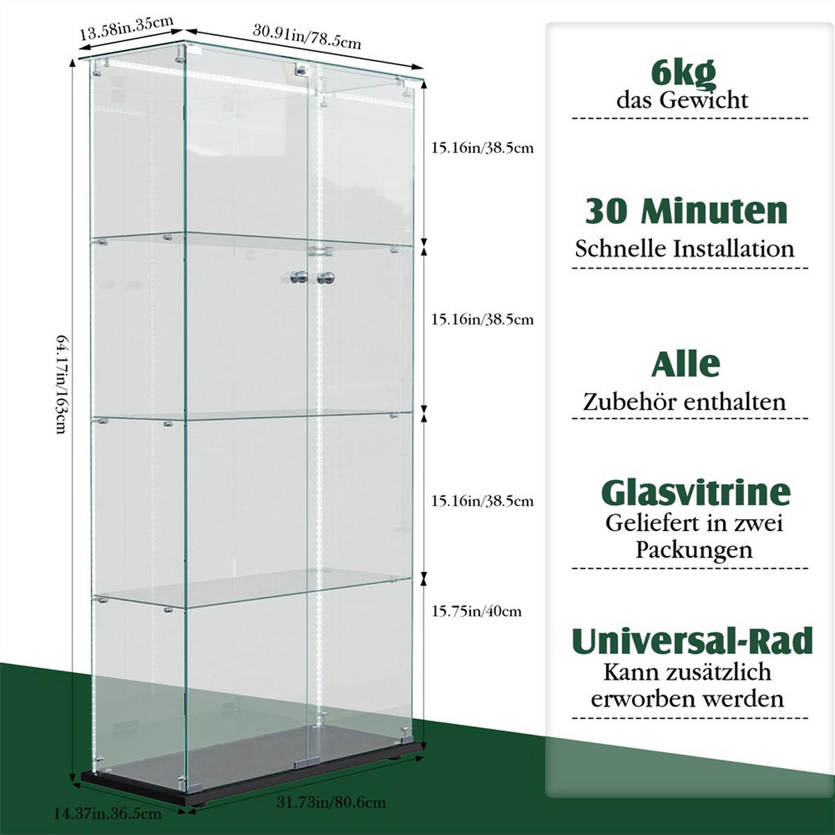VITRINE - Glasvitrine mit 2 Türen und 4 Ebenen - integrierte LED-Streifen-Beleuchtung - Schwarz - Schwarz, Glas (78.5/163/35cm) - DELFA
