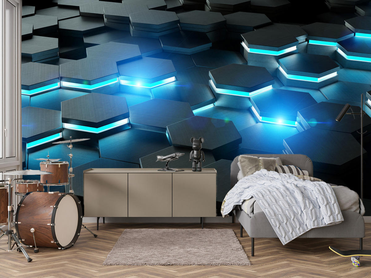 FOTOTAPETE für Jugendzimmer Schwarz Blau Hexagone 500x350 - Blau/Schwarz, Papier (500/350cm) - Muralo