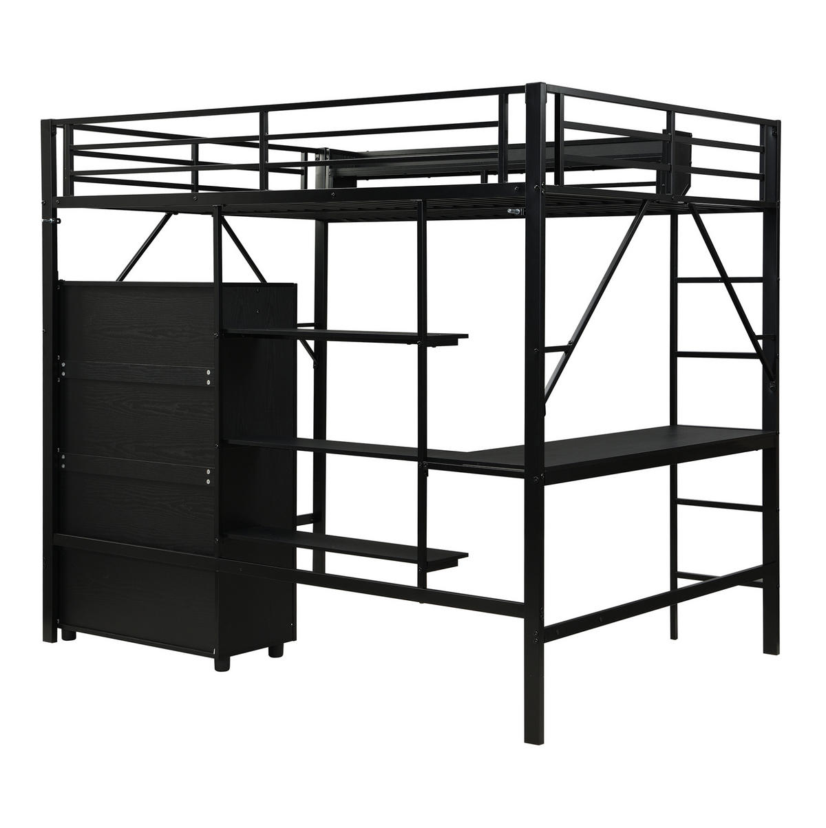HOCHBETT aus MDF & Metall 140x200 cm in Schwarz mit Schreibtisch & Kleiderschrank - Schwarz, Holzwerkstoff (140/200cm) - Modfu