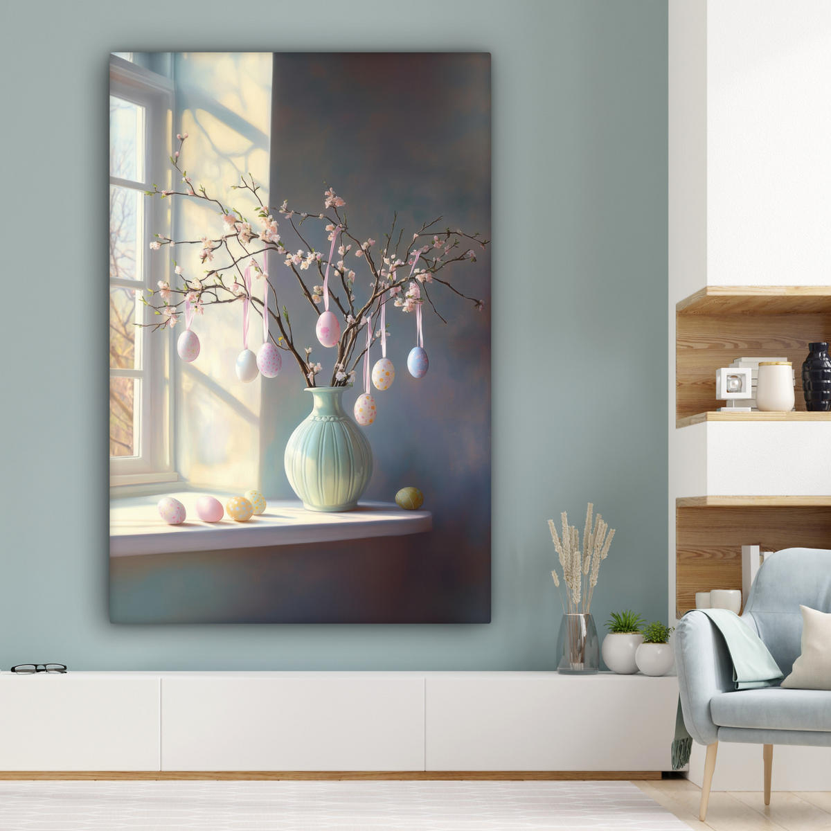 OBRAZ NA PLÁTNĚ Zátiší - Váza - Velikonoční ratolest 90x140 cm - světle modrá, textil (90/140cm) - MuchoWow