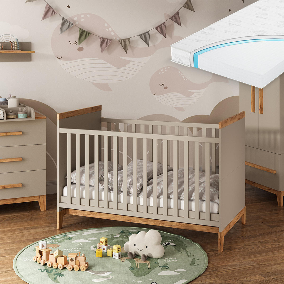 DĚTSKÁ POSTÝLKA Malia Kašmír/Řemeselné - kašmírová/světle šedá, kompozitní dřevo - VitaliSpa