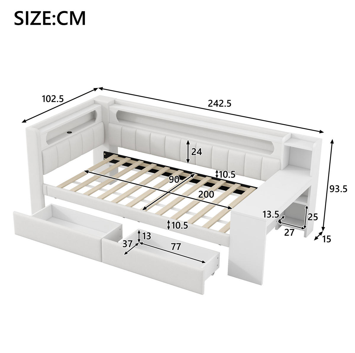 POLSTERBETT 90/200 cm mit LED-Beleuchtung, USB und Schreibtisch in Weiß - Weiß, Holzwerkstoff (90/200cm) - BEAOK