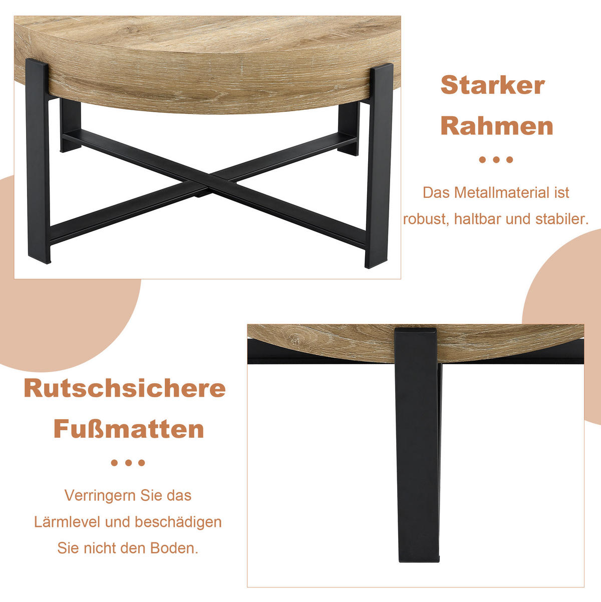 COUCHTISCH aus MDF und Metall Ø68x36 cm in Naturholz mit Kreuzgestell - Naturfarben, Holzwerkstoff (68/68/36cm) - Modfu