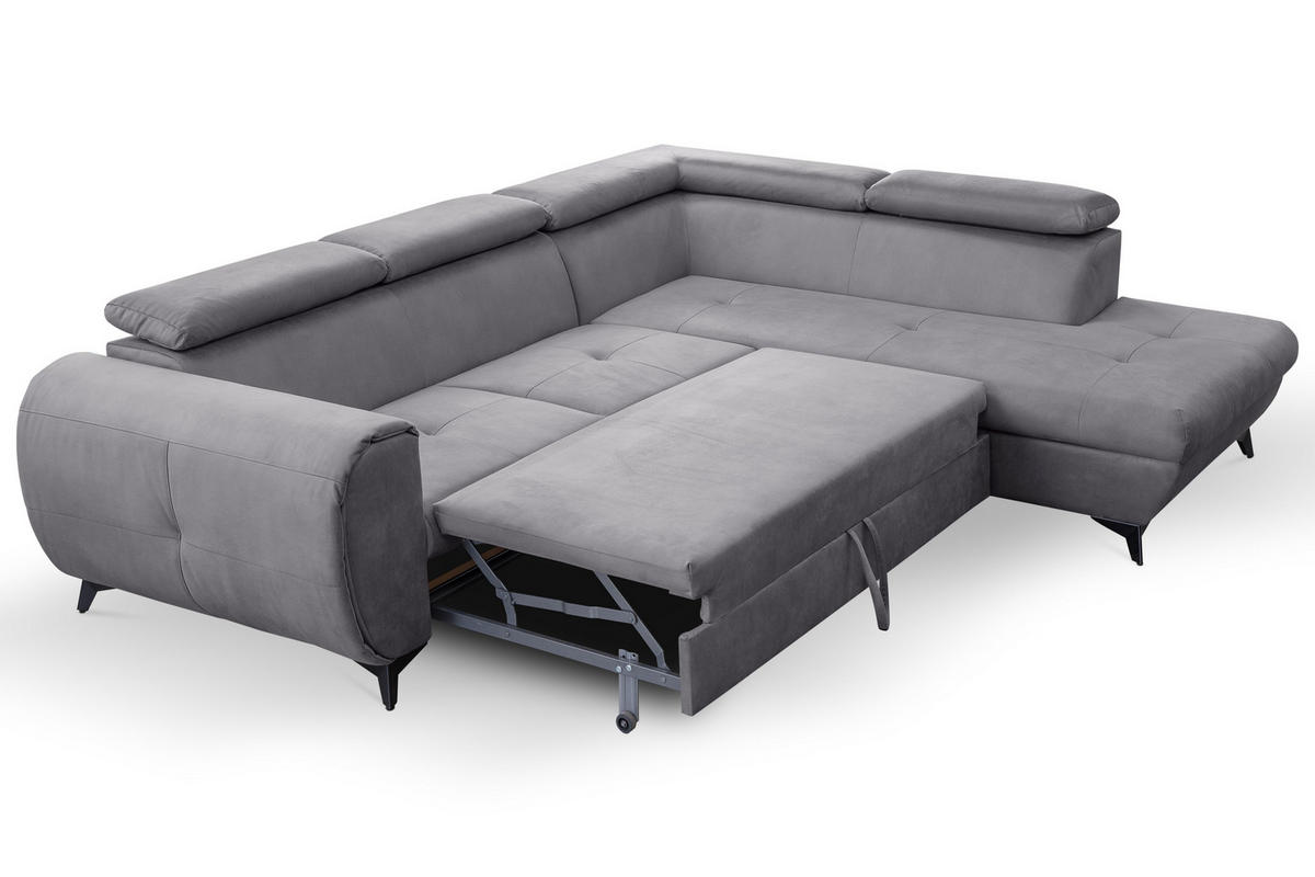 ECKSOFA MAGIA R-S Grau Plüsch-Stoff mit Schlaffunktion - Grau, Holz (260/217cm) - MASSENO