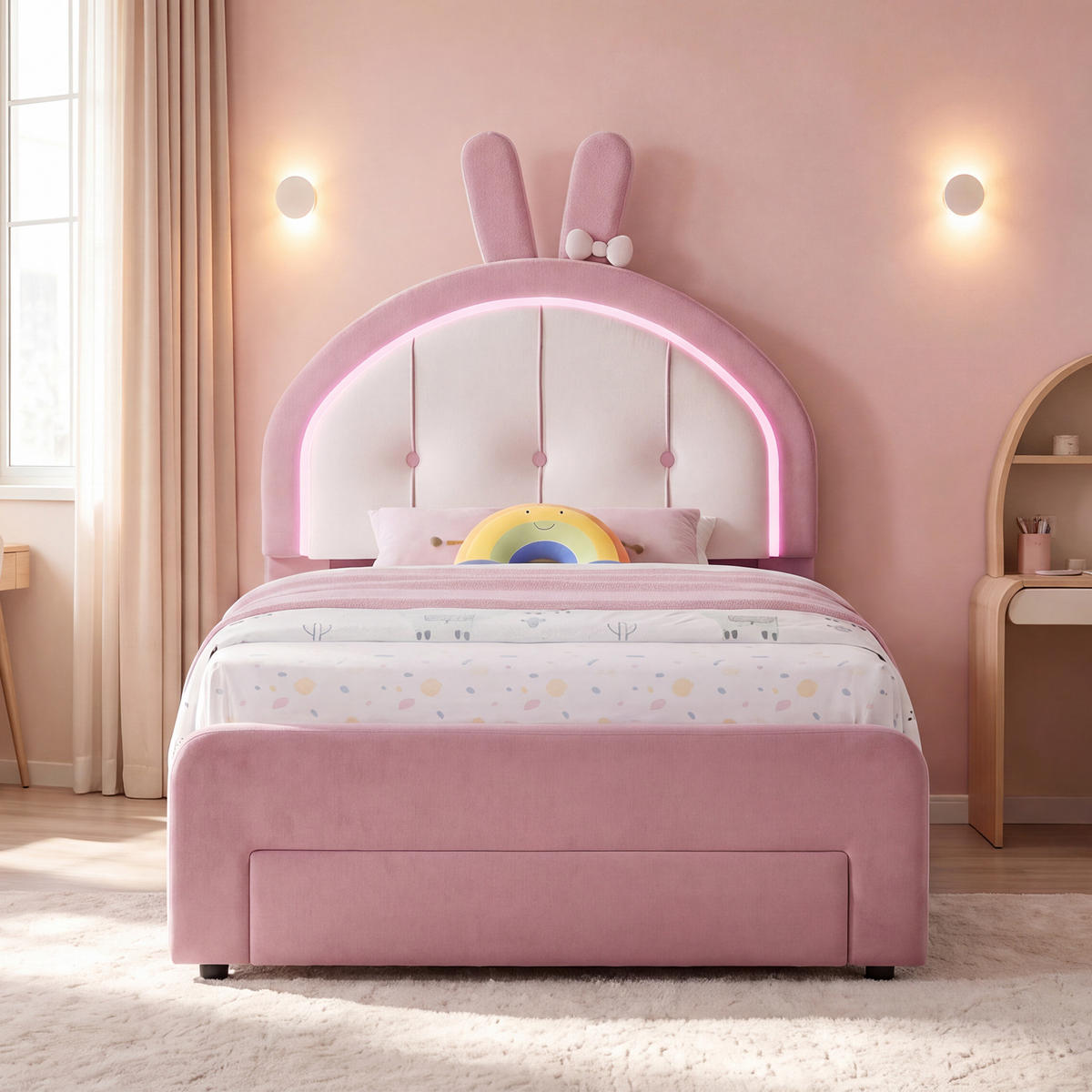 KINDERBETT 90x200 cm mit LED-Beleuchtung und Schubladen, Hasen-Kopfteil, höhenverstellbar, Samtstoff - Rosa, Holz/Metall (90/200cm) - GENKI LIVING
