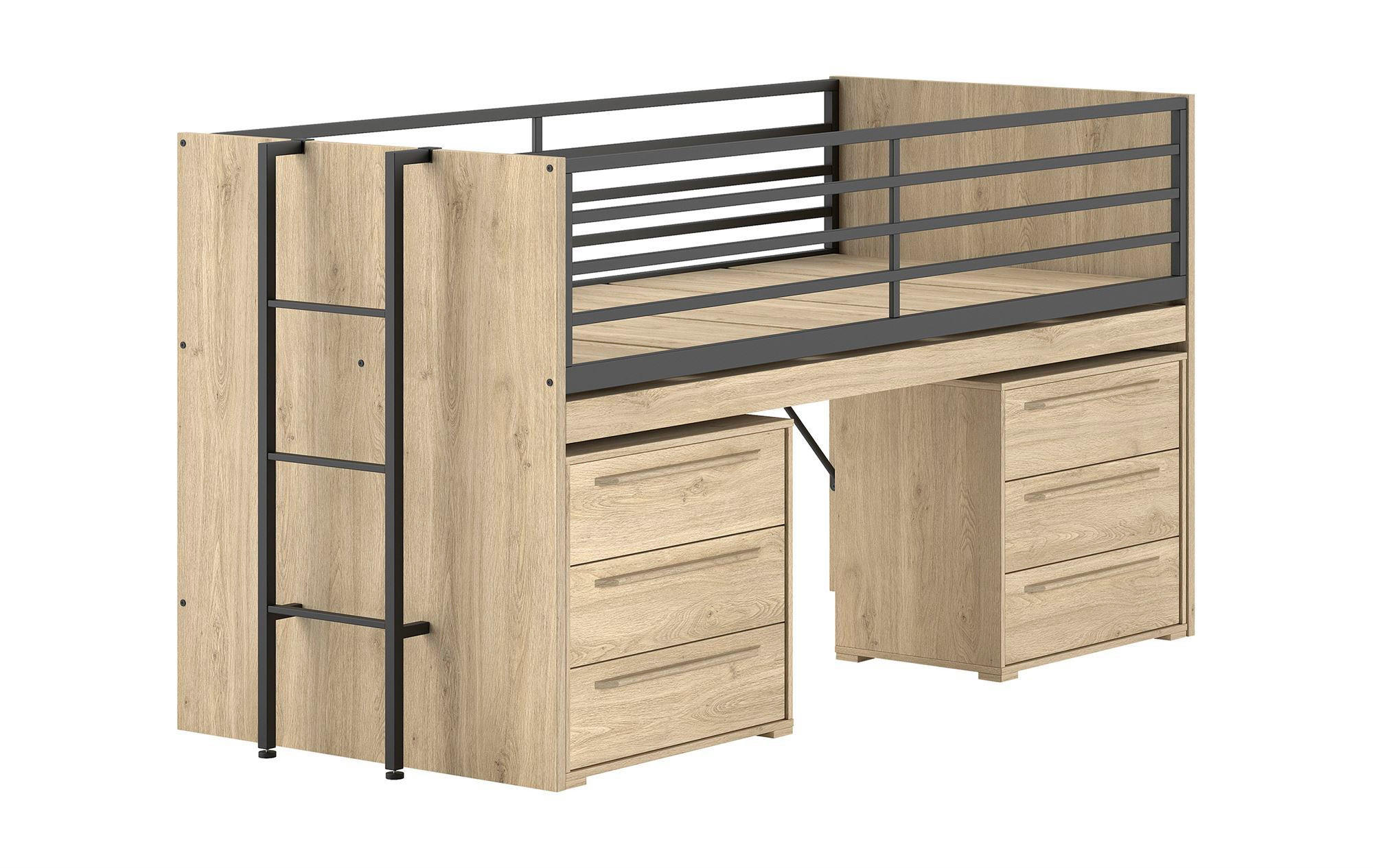 HALBHOCHBETT 90x200 Keelia Eiche mit Schreibtisch Stauraum - Eichefarben, Kunststoff (90/200cm) - 58aufmkessel