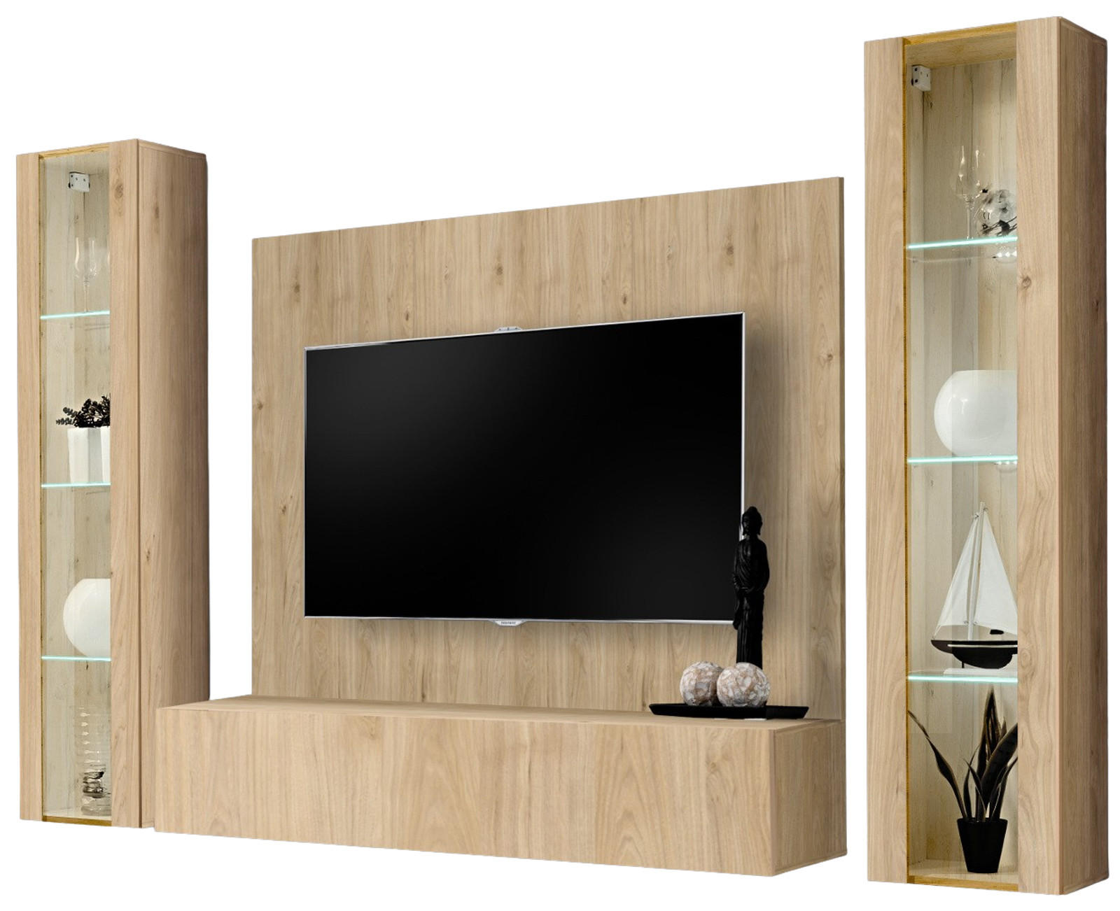 WOHNWAND Eiche Jackson 4-teilig 260 cm hängend, Schrankwand mit LED-Beleuchtung - Eichefarben, Glas/Holzwerkstoff (260/170/40cm) - Inn.Furn
