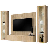 WOHNWAND Eiche Jackson 4-teilig 260 cm hängend, Schrankwand mit LED-Beleuchtung - Eichefarben, Glas/Holzwerkstoff (260/170/40cm) - Inn.Furn