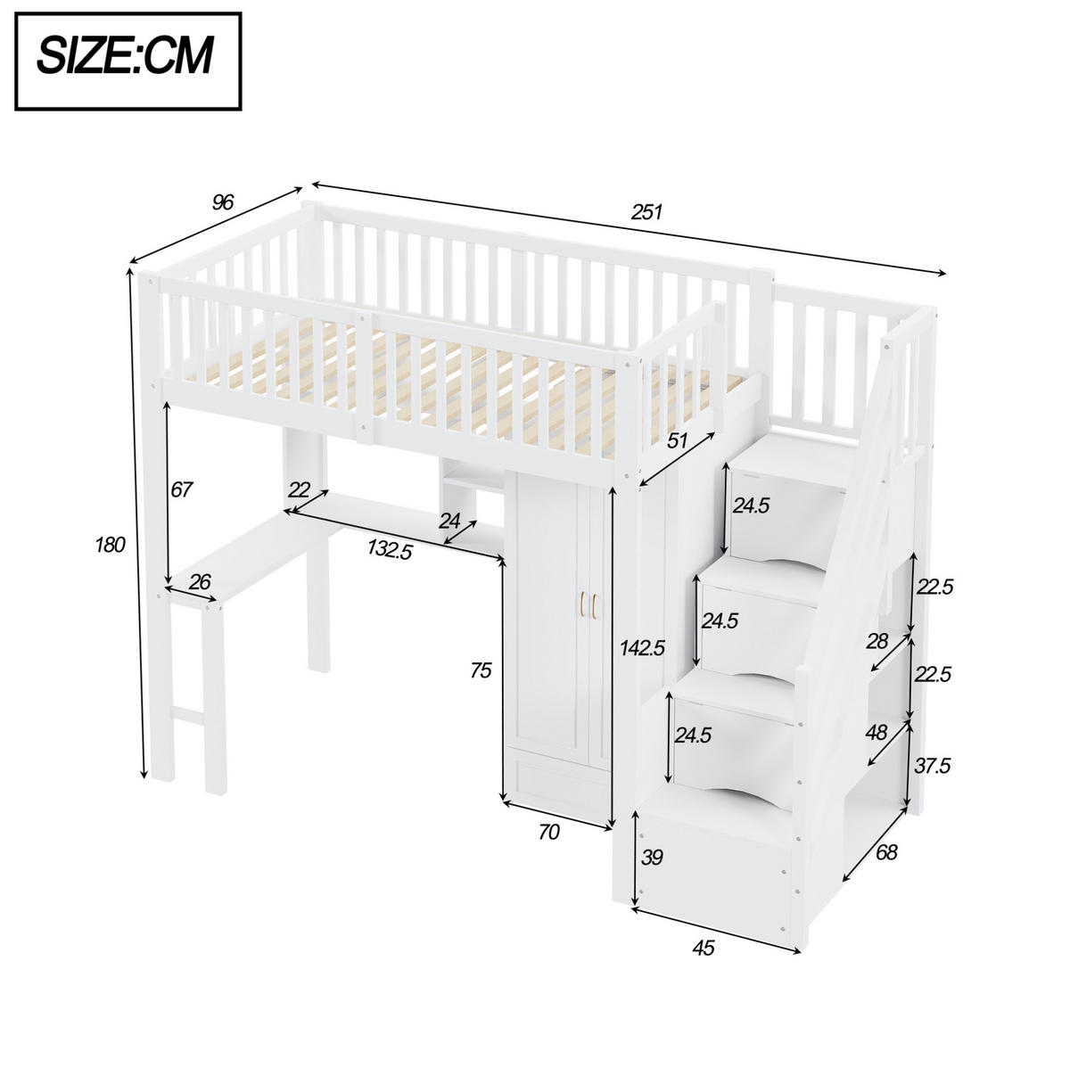 HOCHBETT 90/200 cm mit Kleiderschrank, Tisch, Regal und Treppe mit Schubladen aus Holzwerkstoff, Weiß - Weiß, Holzwerkstoff (90/200cm) - Redom