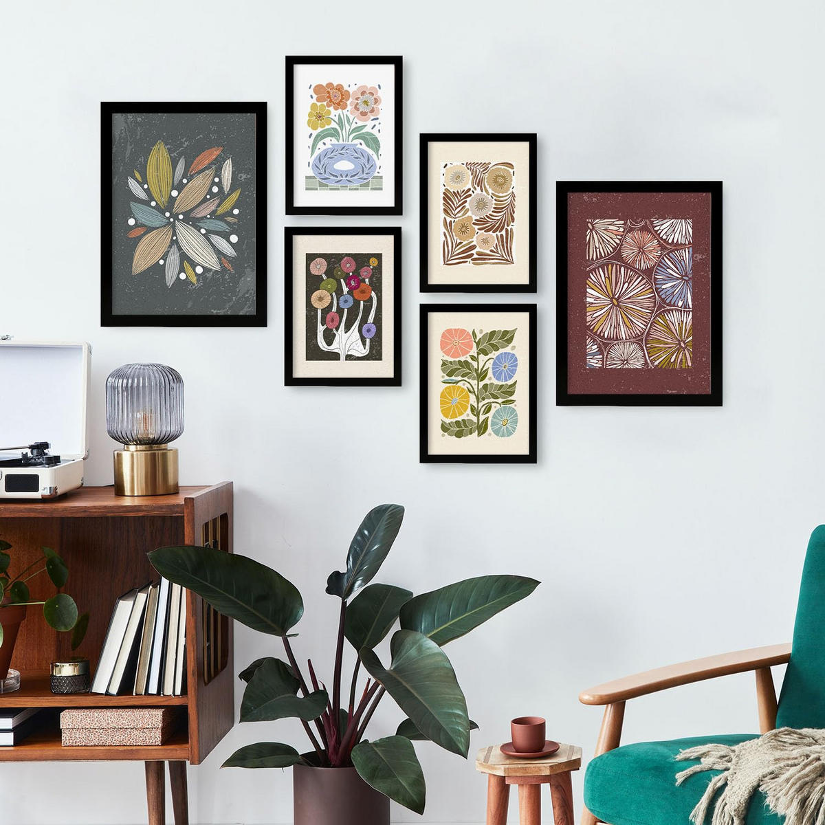POSTER Set Mit 6 Drucken Von Blumen Im Ethnischen Drucke Sammlung Ästhetische Dekorative Rahmen Für Zuhause Wandkunstdruck A3 & A4 Schwarzer Rahmen - Schwarz, Papier (29/3cm) - Nacnic