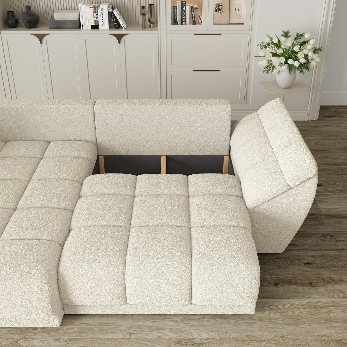 ECKSOFA ORENTI L-S Creme Boucle-Stoff mit Schlaffunktion - Creme, Holz (287/182cm) - MASSENO