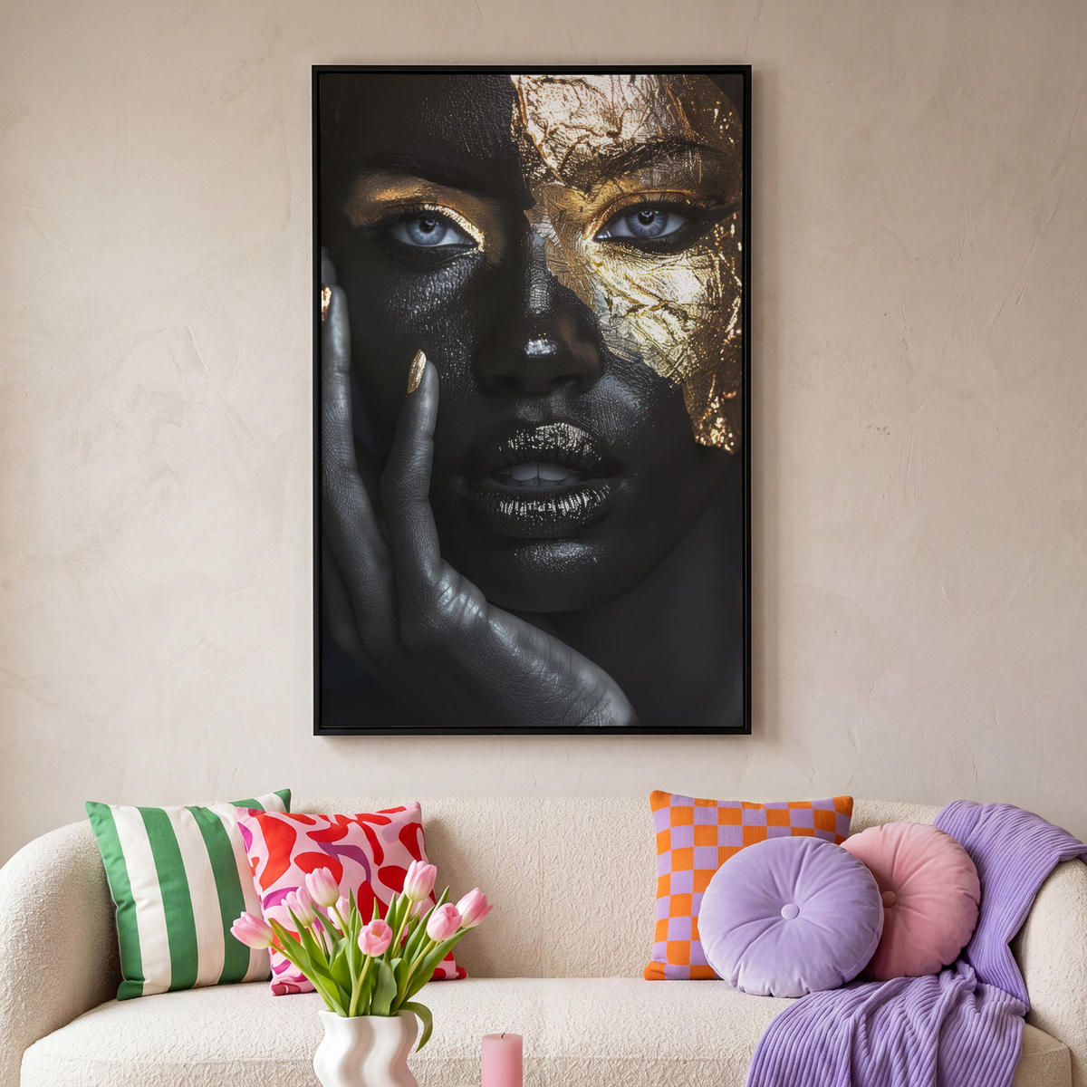LEINWAND Bilder mit Rahmen - Frau - Gold - Porträt - Schwarz-Weiß - Luxus - 100x150 - Hellblau, Textil (100/150cm) - MuchoWow