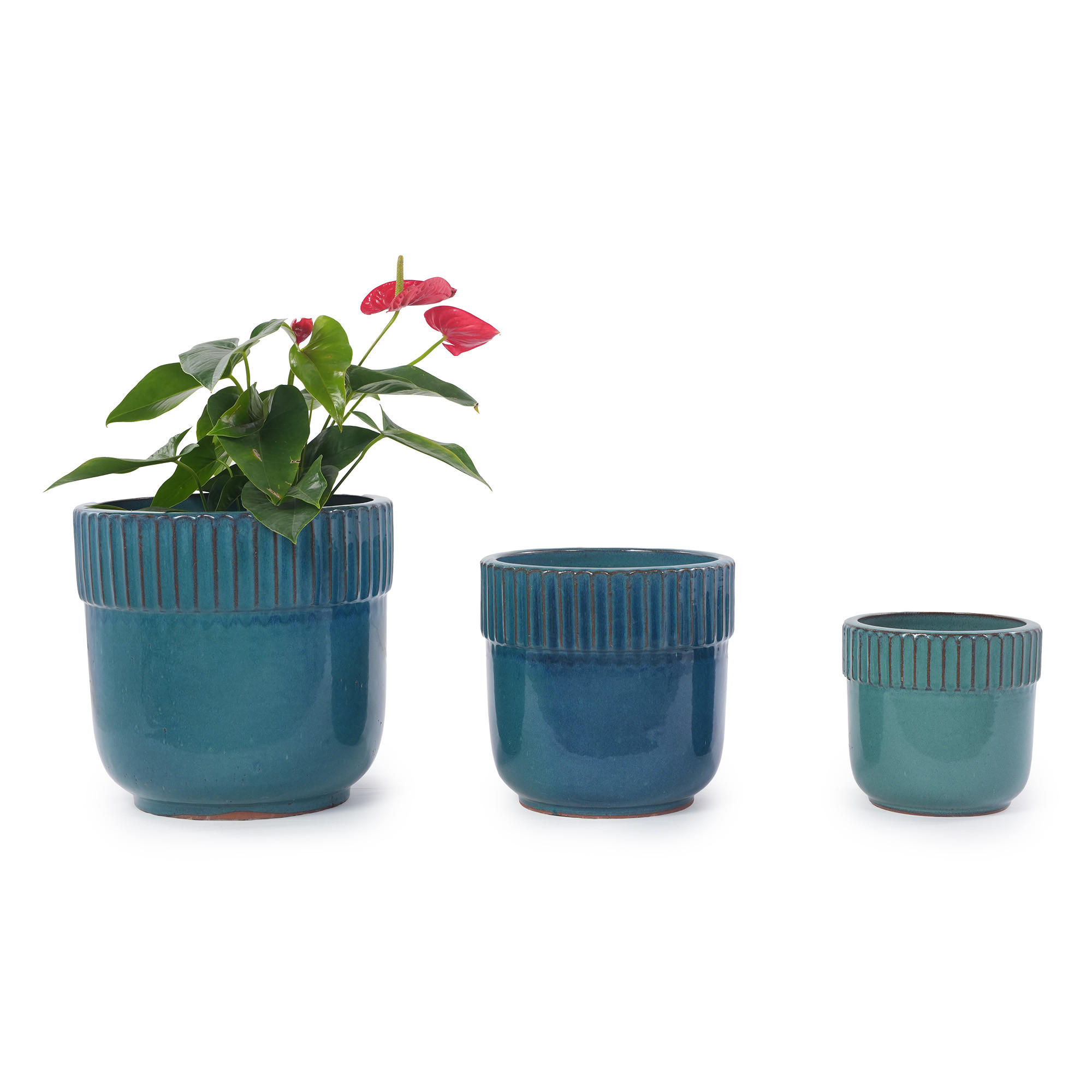 KERAMIKBLUMENTÖPFE, 3-teilig, 38/30,5/23cm, vertikal geriffelt, blaugrün - Grün, Keramik (38/36/38cm) - Vallsero