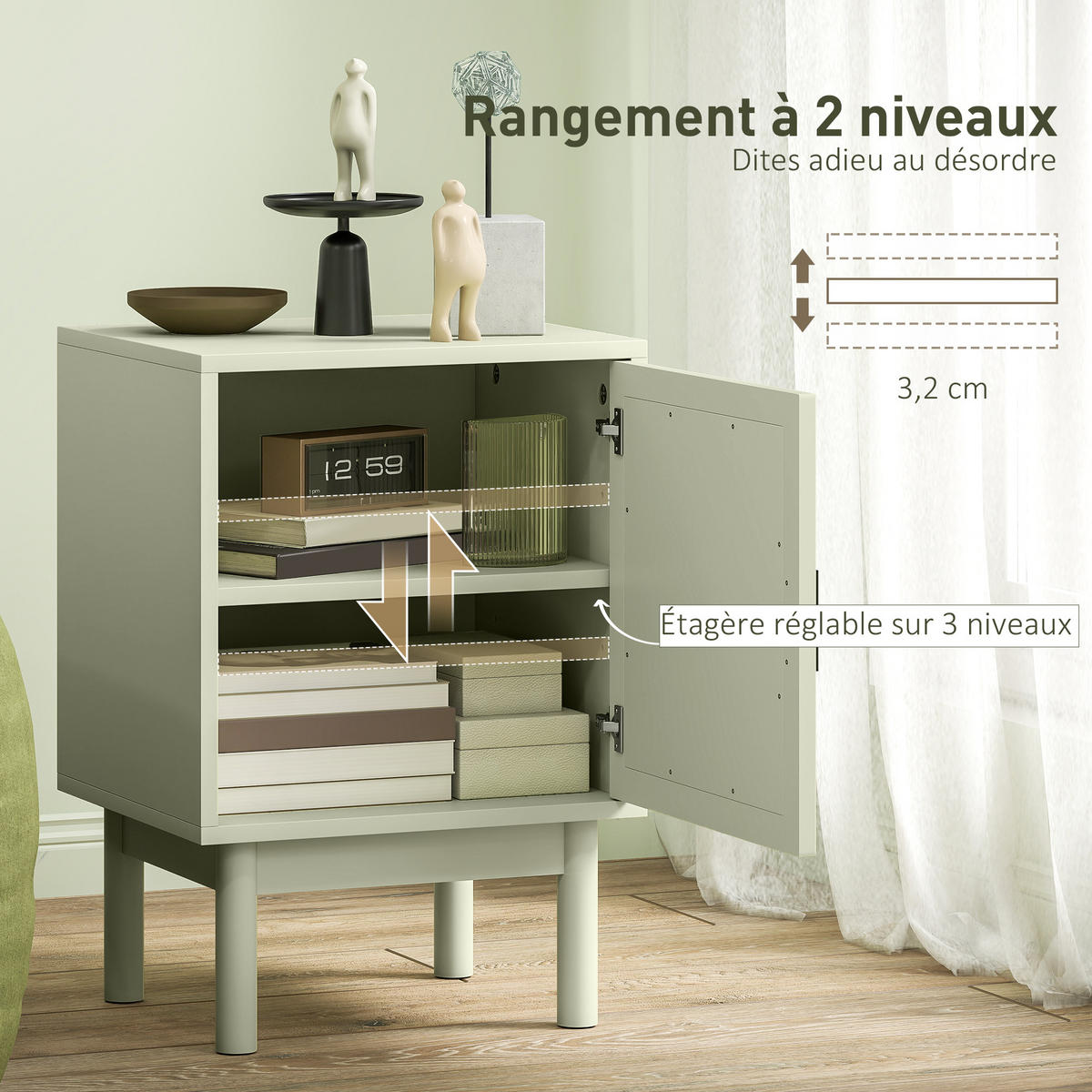 NACHTSCHRANK 2er-Set DE-12925 geflochtene Tür und verstellbares Regal Hellgrün - Grün, Holzwerkstoff (35/58/40cm) - ComfortXL