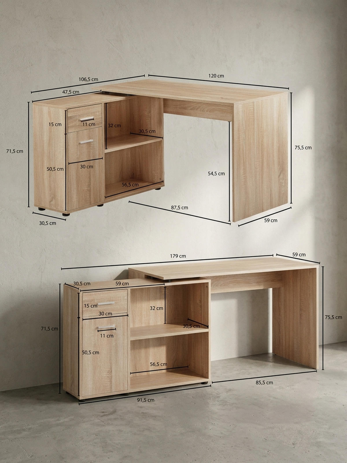 SCHREIBTISCH mit Regalplatte – flexibel aufstellbar, melaminbeschichtet, Sonoma, 120x107x75 cm - Beige/Braun, Holz/Kunststoff (107/120/75cm) - KADIMA DESIGN